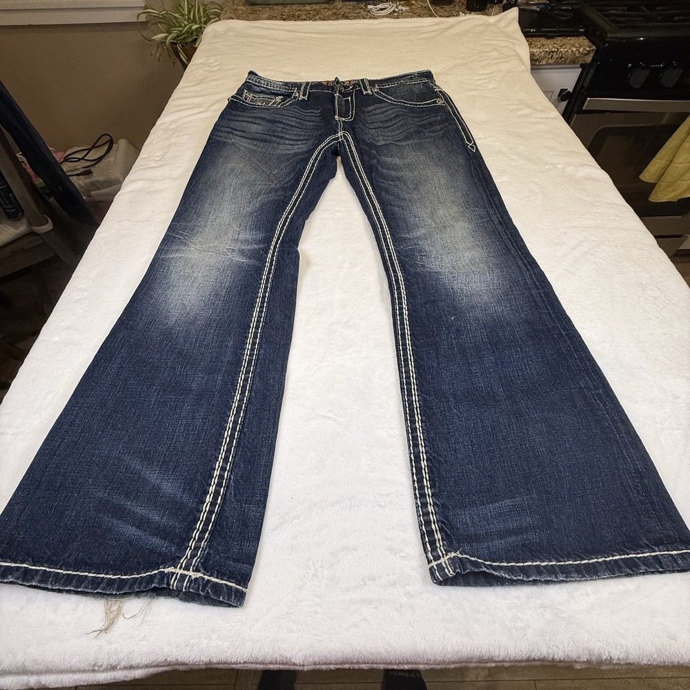 Rock Revival Chopper Boot Mens Jeans 34 Dark Wash Fleur De Lis Heavy Stitch